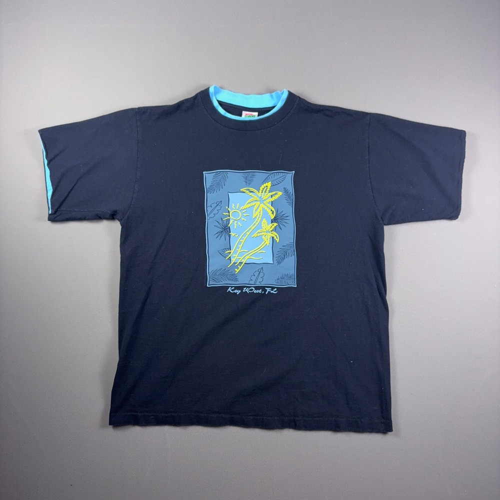 Vintage 90s Seasons Key West FL Palm Tree T Shirt Navy Blue Double Neck USA XL